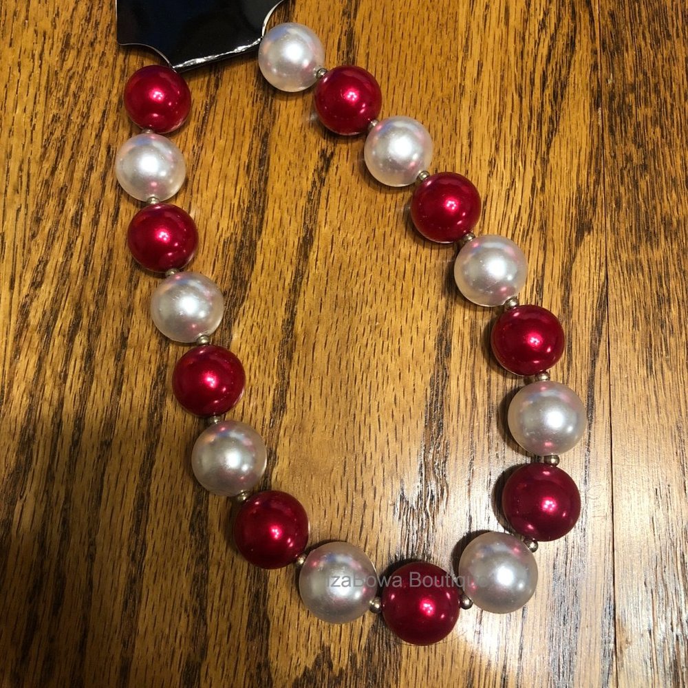 Deep Red & Pearl White Chunky Bead Necklace  HAND CRAFTED